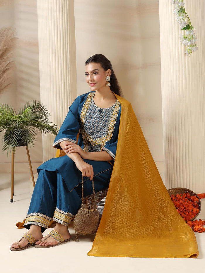 Women Chanderi Blue Embroidered Kurta Salwar Jacquard Dupatta.