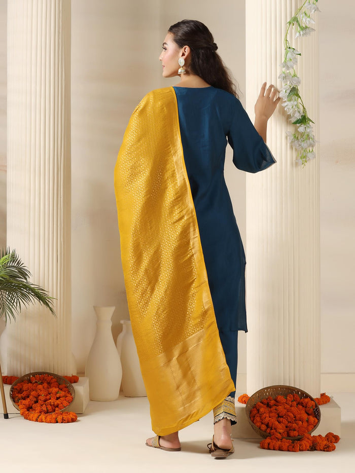 Women Chanderi Blue Embroidered Kurta Salwar Jacquard Dupatta.