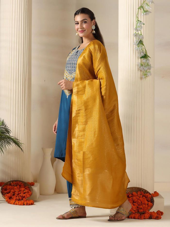 Women Chanderi Blue Embroidered Kurta Salwar Jacquard Dupatta.