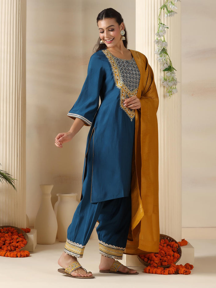 Women Chanderi Blue Embroidered Kurta Salwar Jacquard Dupatta.