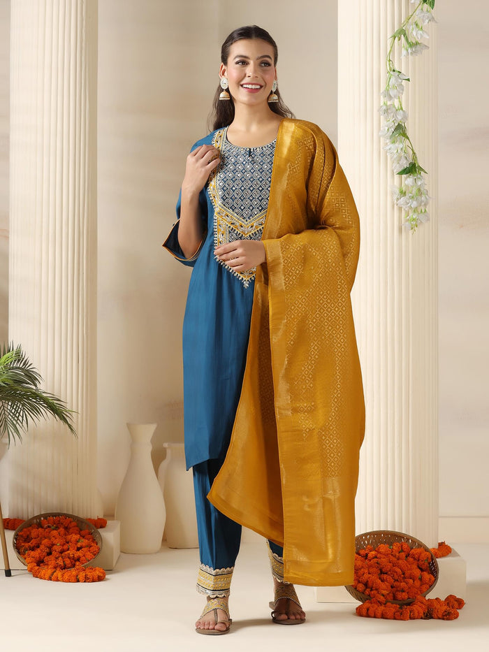 Women Chanderi Blue Embroidered Kurta Salwar Jacquard Dupatta.