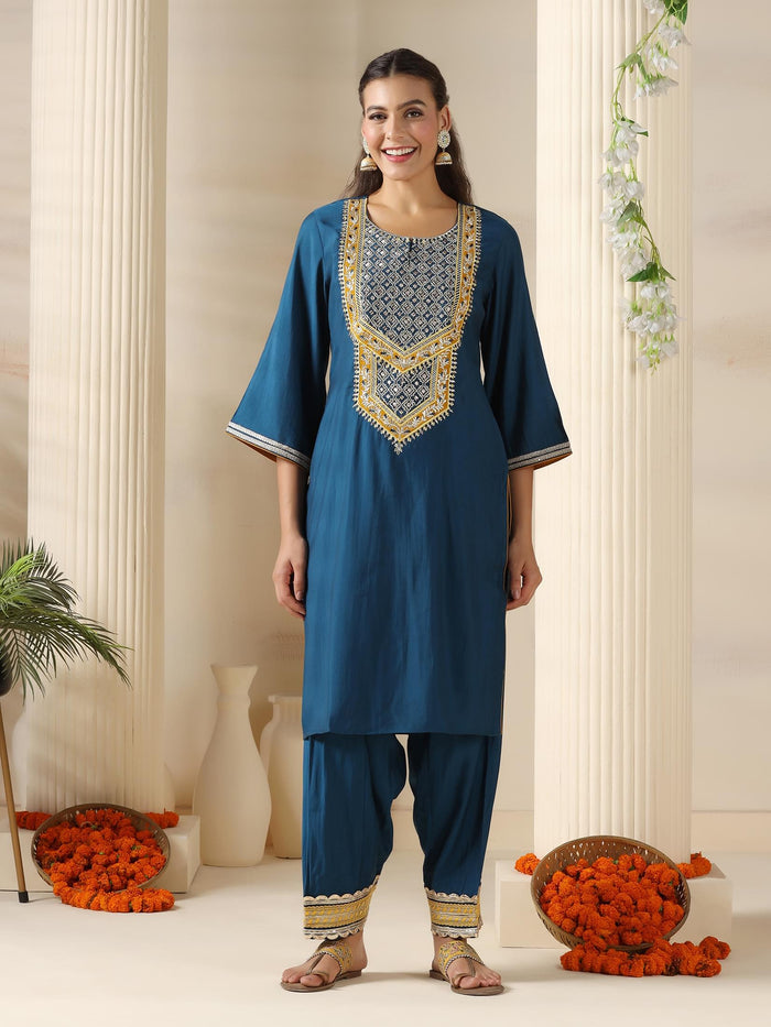 Women Chanderi Blue Embroidered Kurta Salwar Jacquard Dupatta.