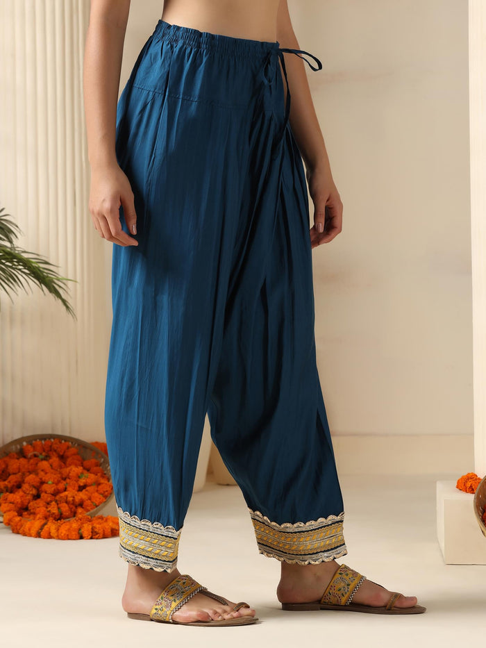 Women Chanderi Blue Embroidered Kurta Salwar Jacquard Dupatta.