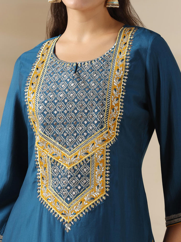 Women Chanderi Blue Embroidered Kurta Salwar Jacquard Dupatta.