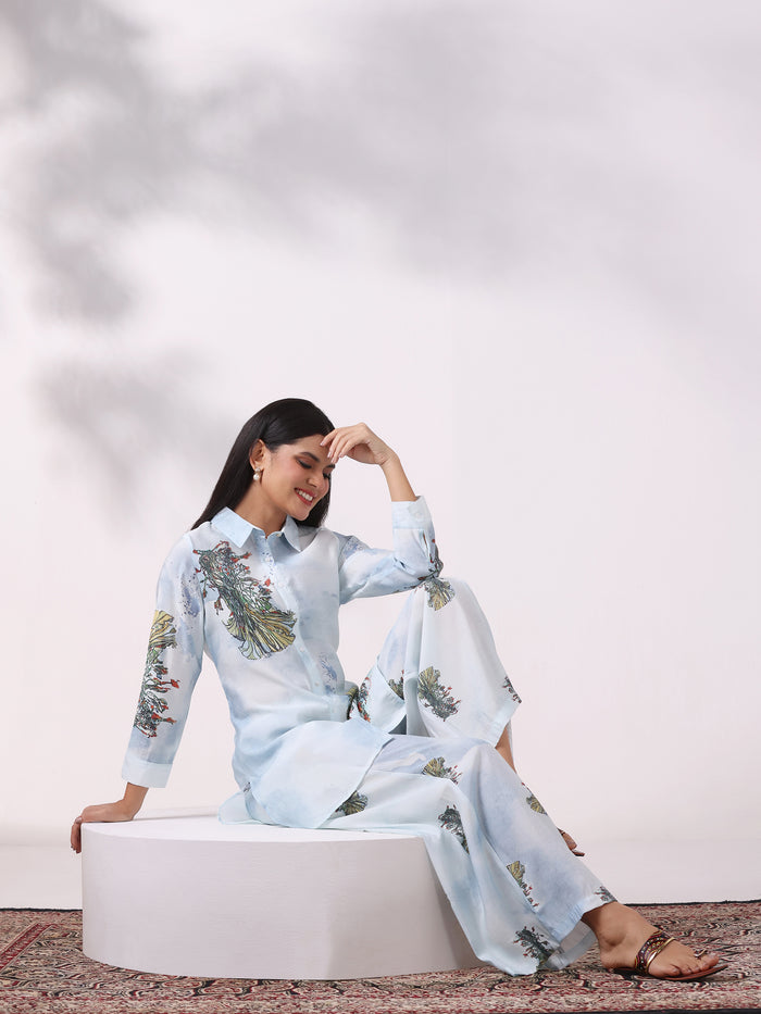 Women Chanderi Blue Floral Print Co-Ord Set