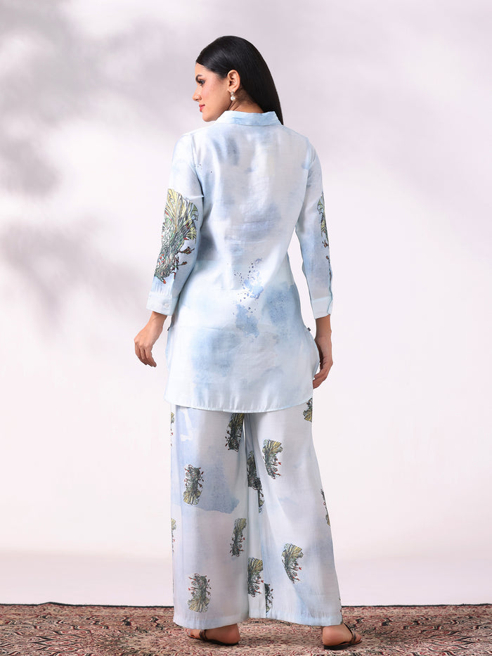 Women Chanderi Blue Floral Print Co-Ord Set