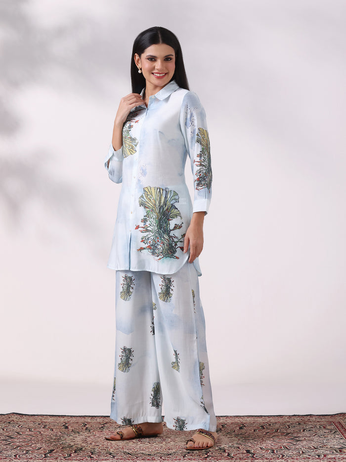 Women Chanderi Blue Floral Print Co-Ord Set