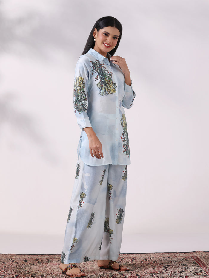 Women Chanderi Blue Floral Print Co-Ord Set