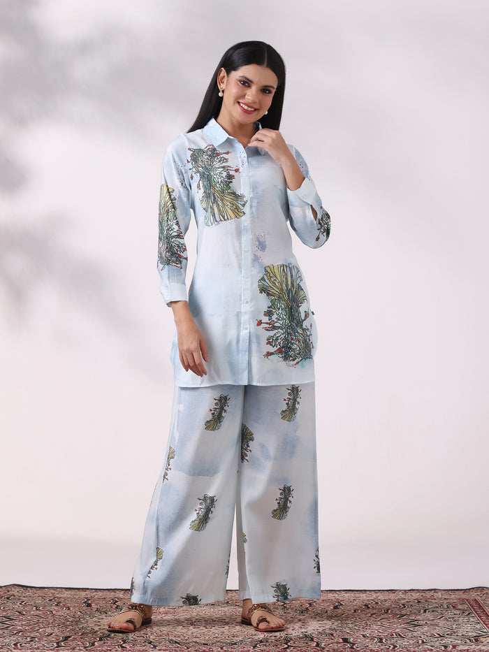 Women Chanderi Blue Floral Print Co-Ord Set