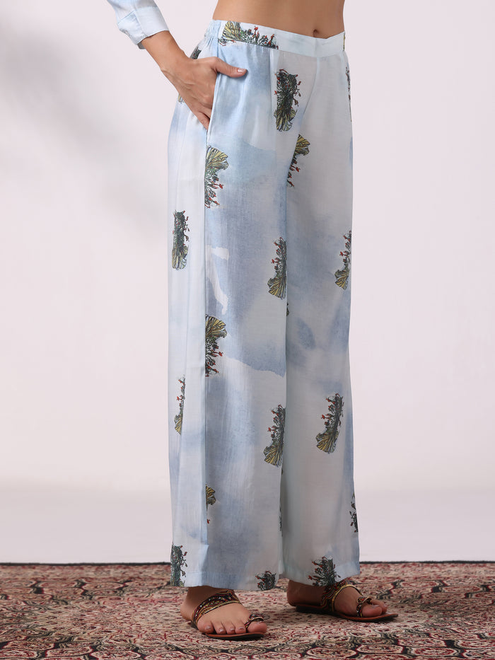 Women Chanderi Blue Floral Print Co-Ord Set