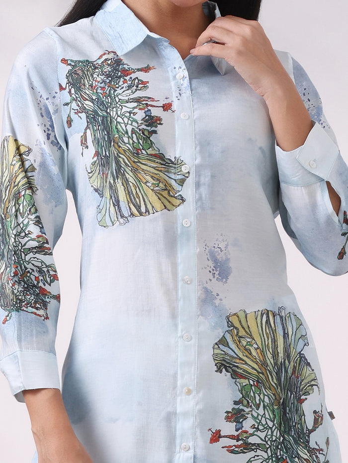 Women Chanderi Blue Floral Print Co-Ord Set