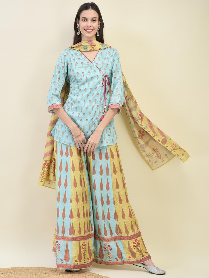 Women Chanderi Blue Ornamental Print Top Split Pant Dupatta.