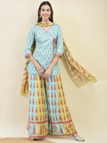Women Chanderi Blue Ornamental Print Top Split Pant Dupatta.