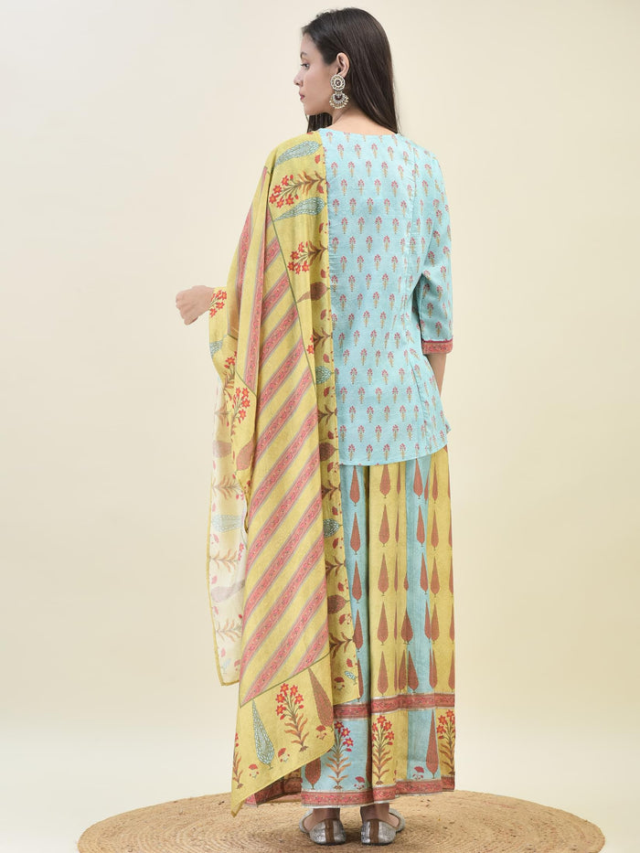 Women Chanderi Blue Ornamental Print Top Split Pant Dupatta.