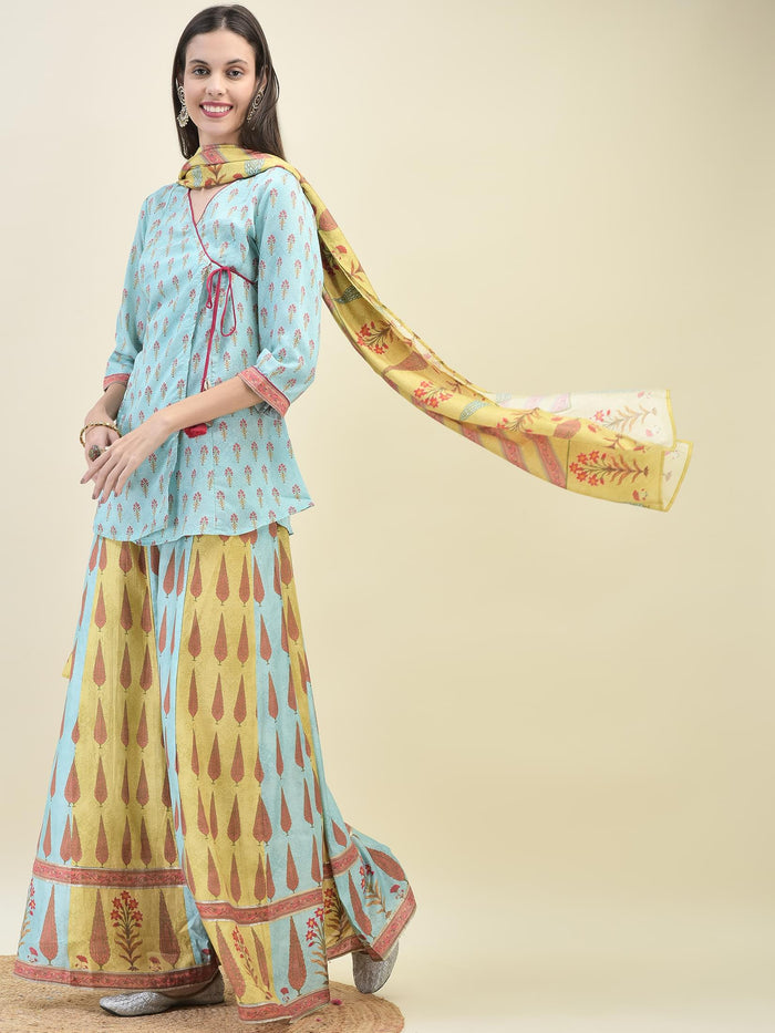 Women Chanderi Blue Ornamental Print Top Split Pant Dupatta.