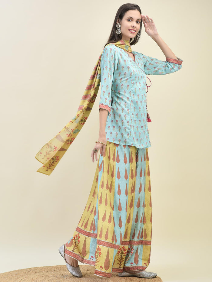 Women Chanderi Blue Ornamental Print Top Split Pant Dupatta.