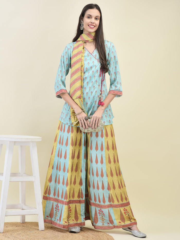 Women Chanderi Blue Ornamental Print Top Split Pant Dupatta.