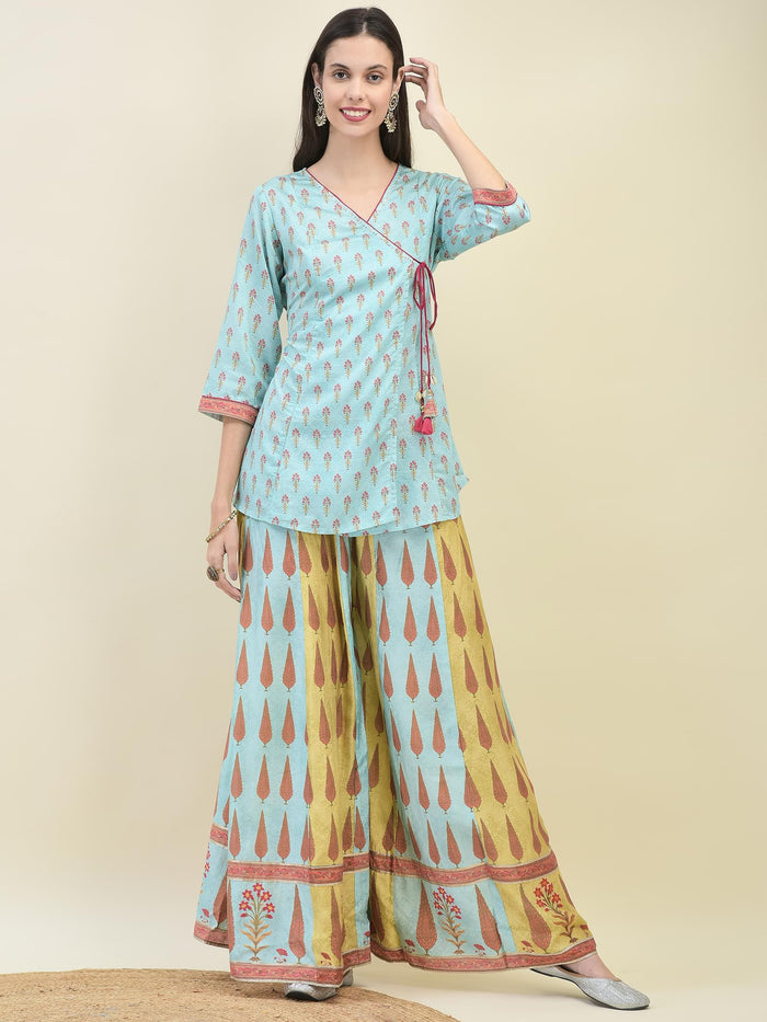 Women Chanderi Blue Ornamental Print Top Split Pant Dupatta.