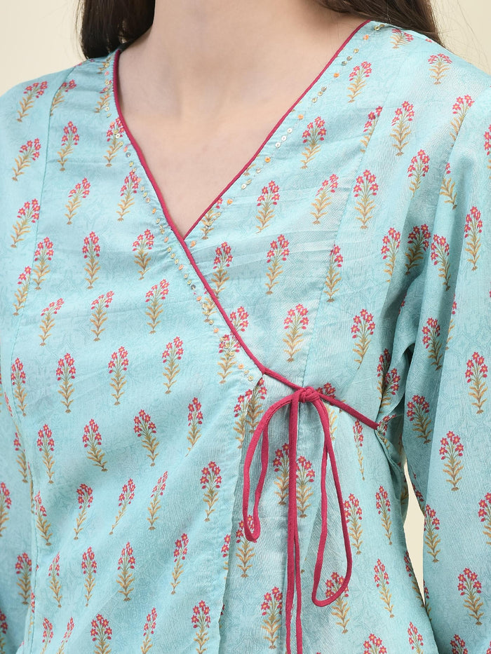Women Chanderi Blue Ornamental Print Top Split Pant Dupatta.