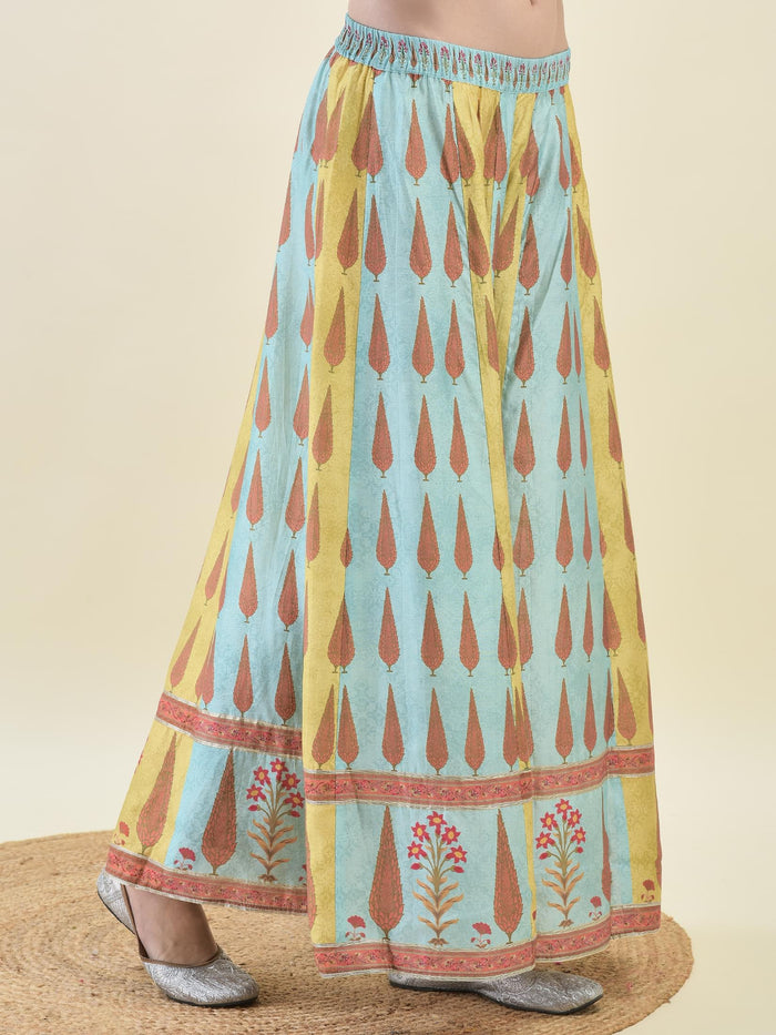 Women Chanderi Blue Ornamental Print Top Split Pant Dupatta.
