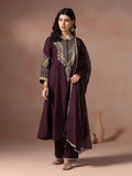 Women Chanderi Burgundy Embroidered Kurta Comfort Pant Dupatta.