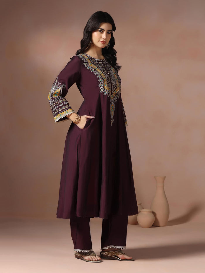 Women Chanderi Burgundy Embroidered Kurta Comfort Pant Dupatta.