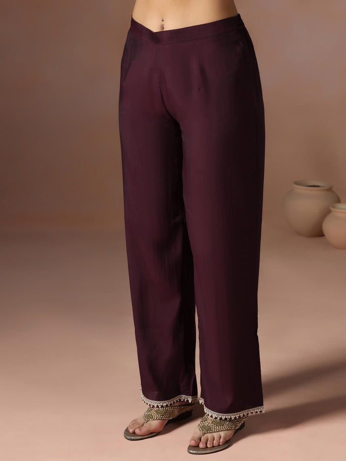 Women Chanderi Burgundy Embroidered Kurta Comfort Pant Dupatta.