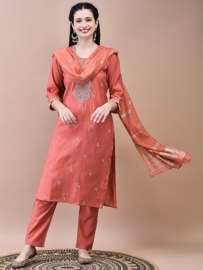Women Chanderi Coral Embroidered Kurta Comfort Pant Dupatta.