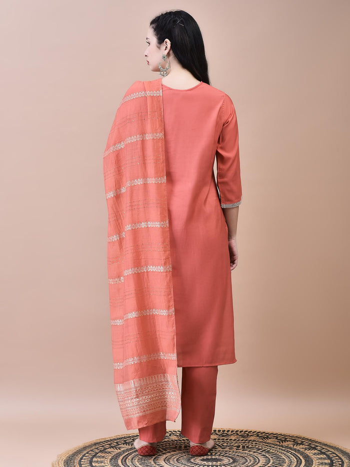 Women Chanderi Coral Embroidered Kurta Comfort Pant Dupatta.