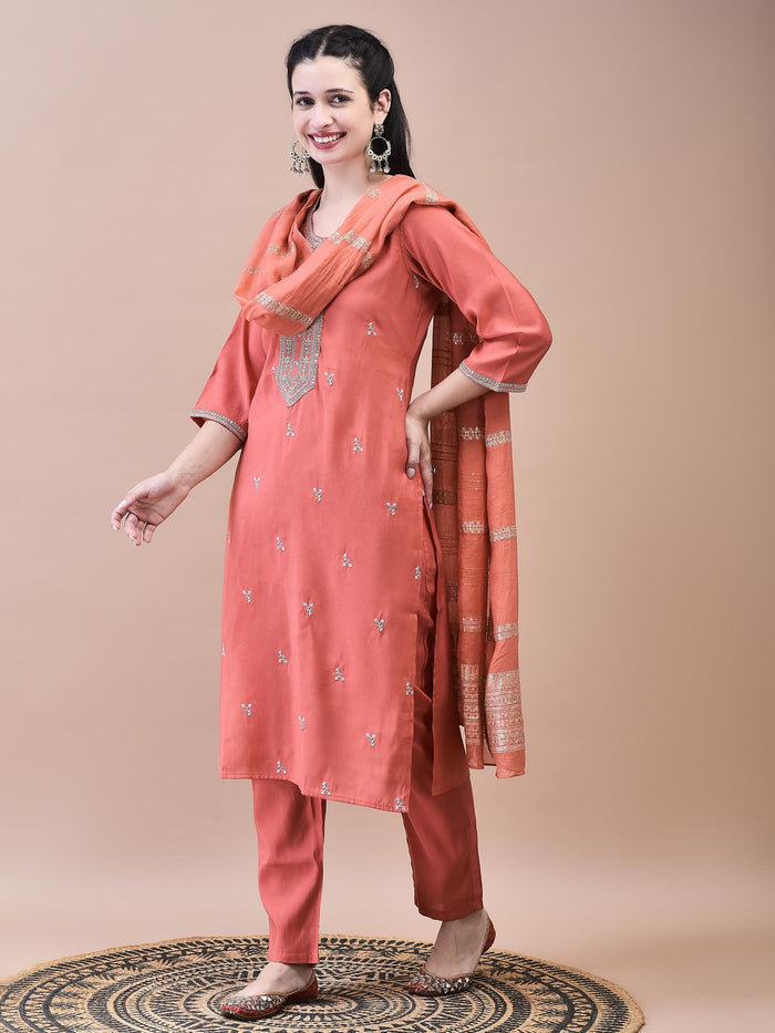 Women Chanderi Coral Embroidered Kurta Comfort Pant Dupatta.