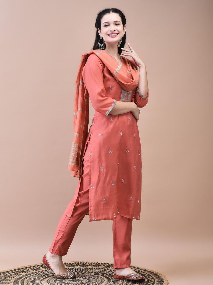 Women Chanderi Coral Embroidered Kurta Comfort Pant Dupatta.