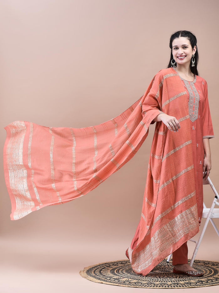 Women Chanderi Coral Embroidered Kurta Comfort Pant Dupatta.