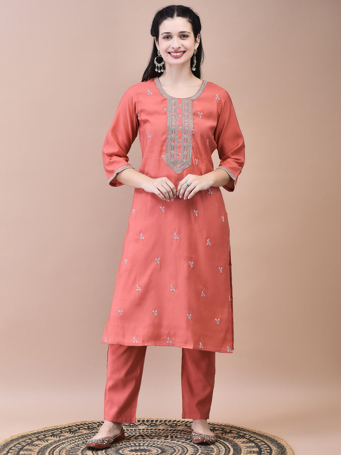 Women Chanderi Coral Embroidered Kurta Comfort Pant Dupatta.