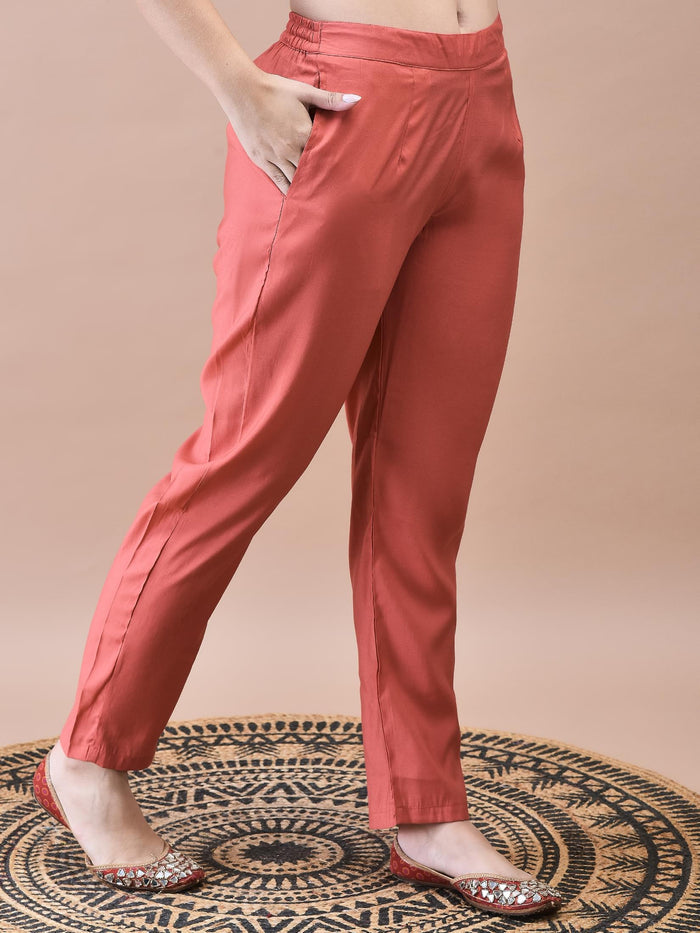 Women Chanderi Coral Embroidered Kurta Comfort Pant Dupatta.