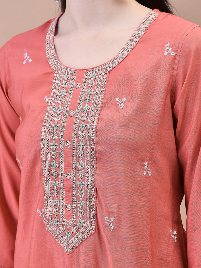 Women Chanderi Coral Embroidered Kurta Comfort Pant Dupatta.