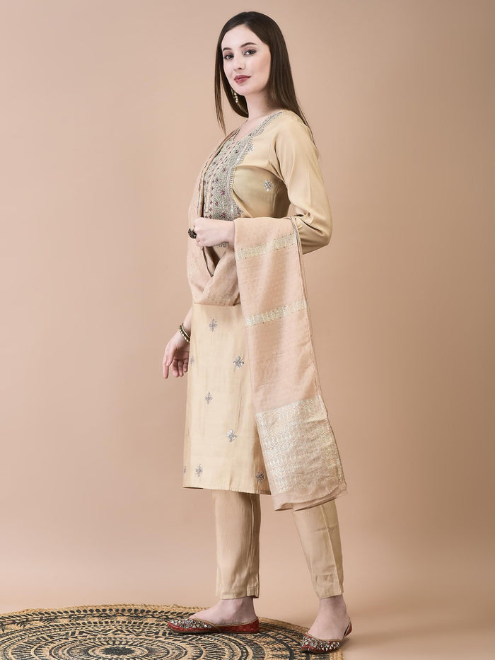 Women Chanderi Cream Embroidered Kurta Trouser Dupatta.