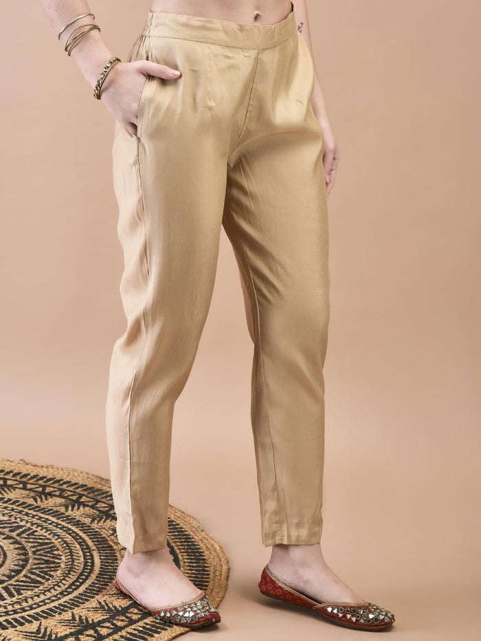 Women Chanderi Cream Embroidered Kurta Trouser Dupatta.