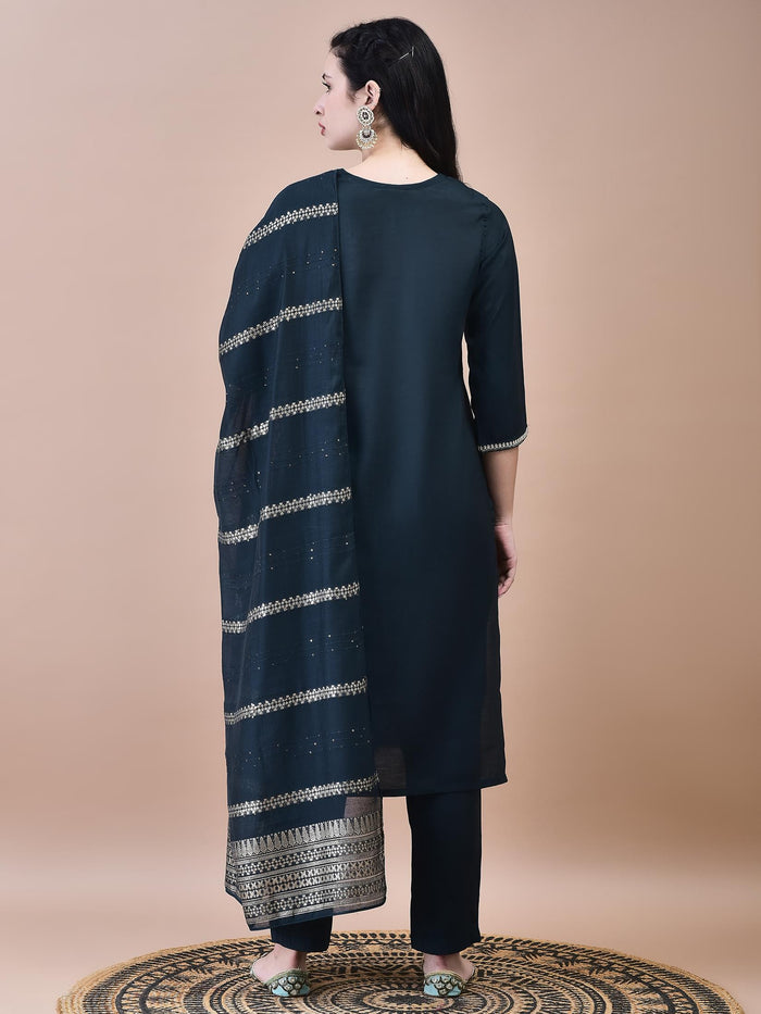 Women Chanderi Dark Green Embroidered Crop top Kurta Trouser Dupatta.