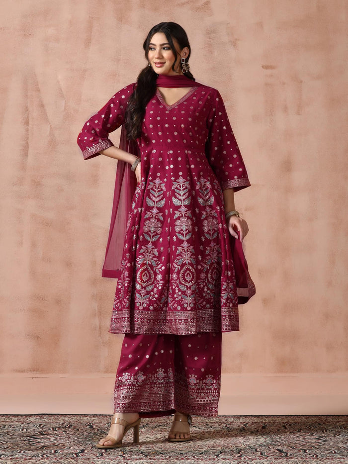 Women Chanderi Fuchsia Printed Kurta Comfort Pant Dupatta.