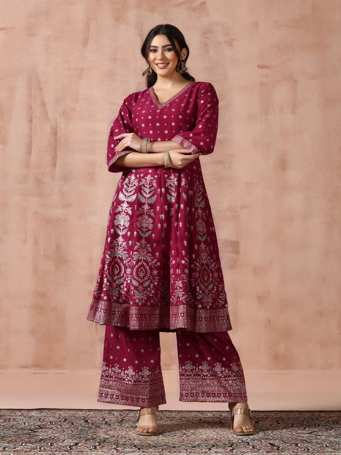 Women Chanderi Fuchsia Printed Kurta Comfort Pant Dupatta.