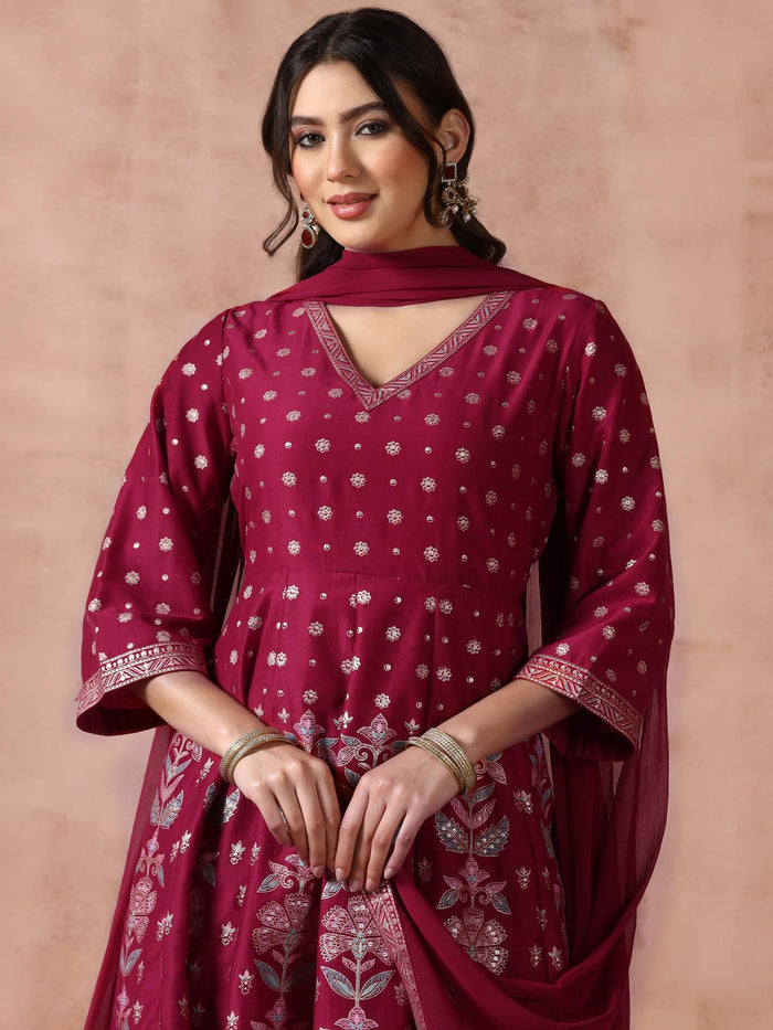 Women Chanderi Fuchsia Printed Kurta Comfort Pant Dupatta.