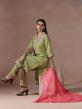 Women Chanderi Green Embroidered Kurta Comfort Pant Dupatta.
