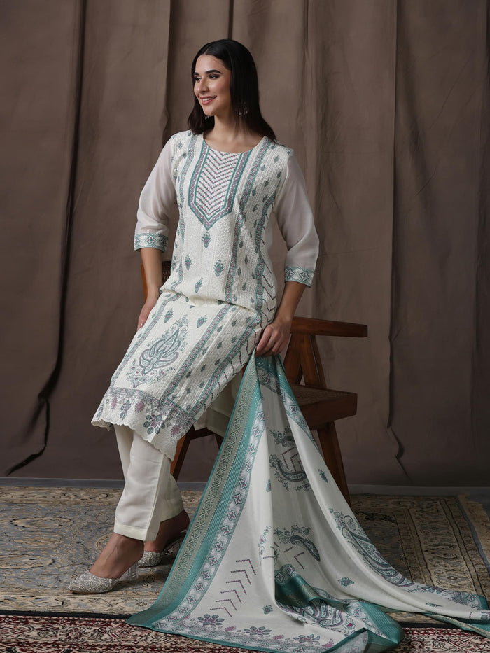 Women Chanderi Off-white Green Embroidered Kurta Comfort Pant Dupatta.