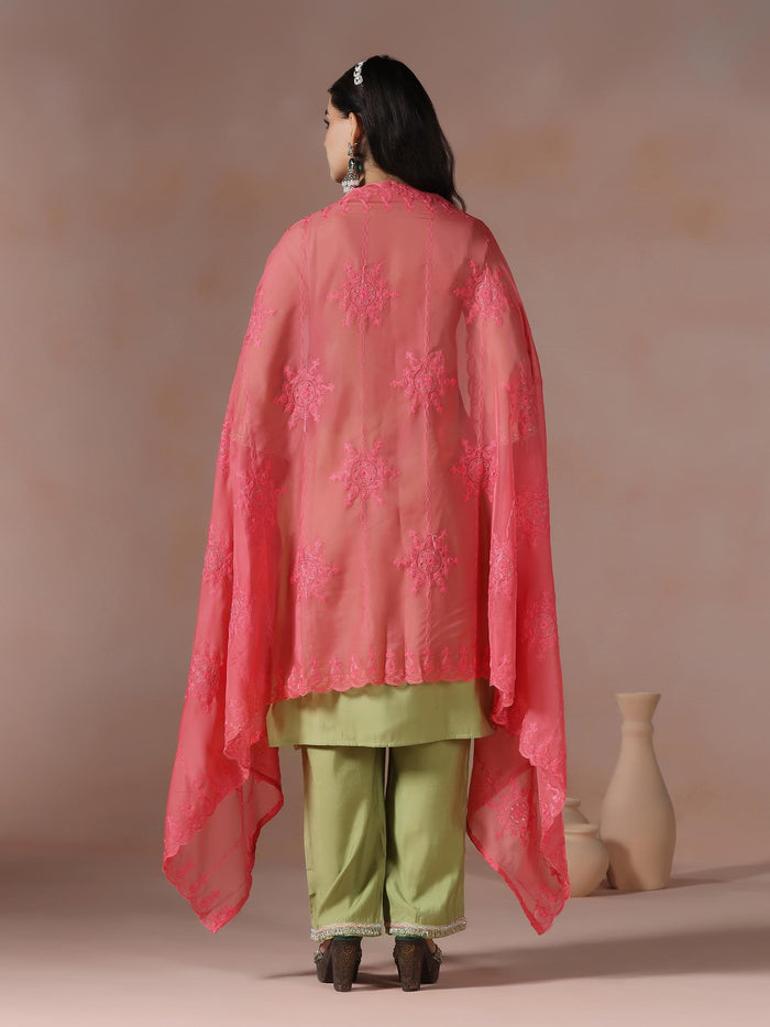 Women Chanderi Green Embroidered Kurta Comfort Pant Dupatta.