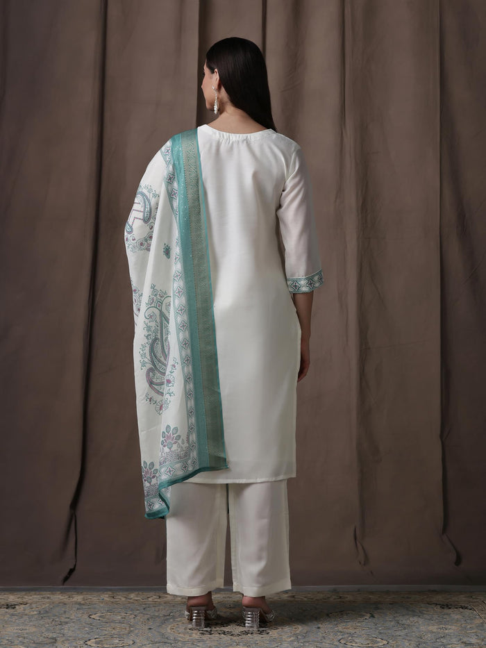 Women Chanderi Off-white Green Embroidered Kurta Comfort Pant Dupatta.