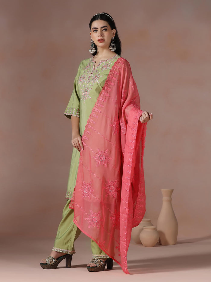 Women Chanderi Green Embroidered Kurta Comfort Pant Dupatta.