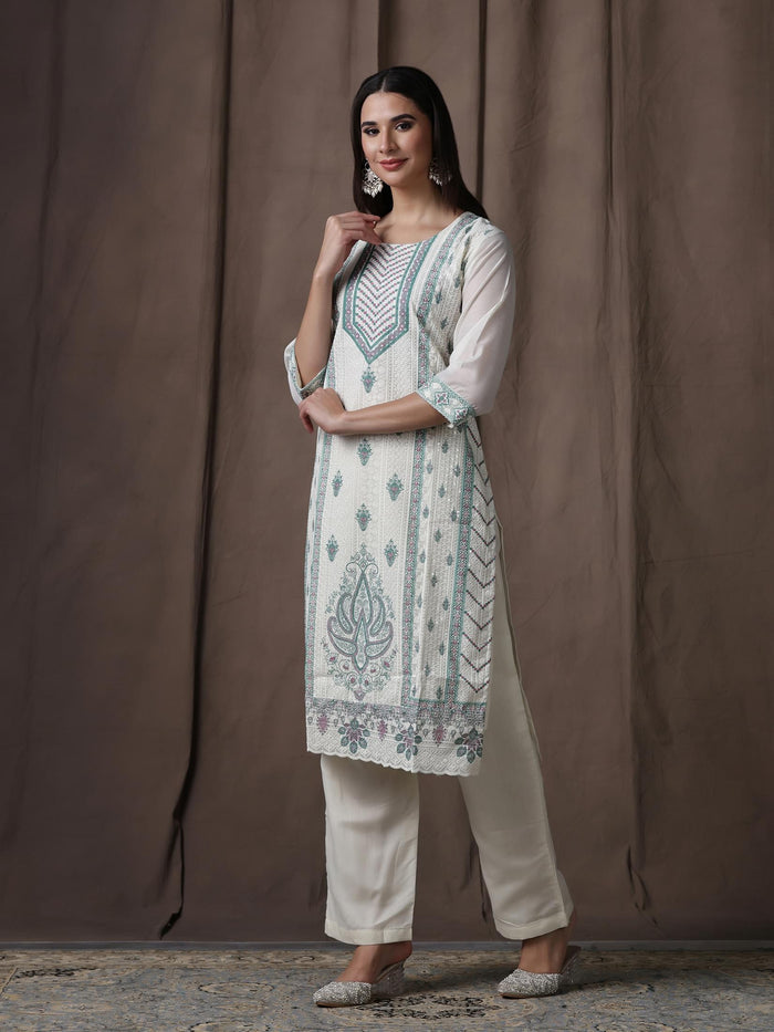Women Chanderi Off-white Green Embroidered Kurta Comfort Pant Dupatta.