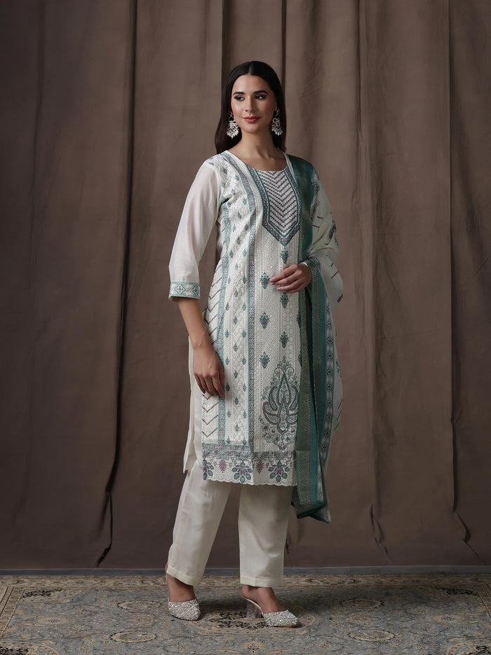 Women Chanderi Off-white Green Embroidered Kurta Comfort Pant Dupatta.