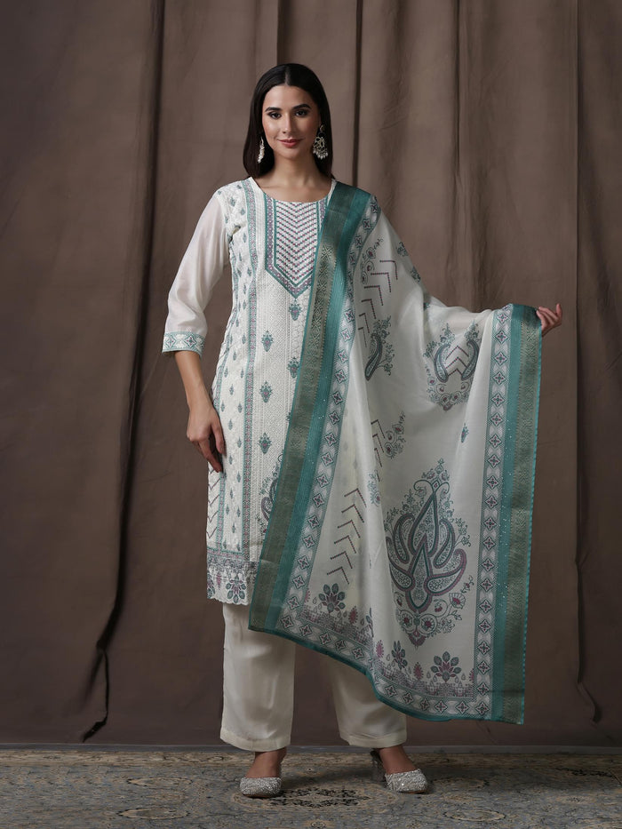 Women Chanderi Off-white Green Embroidered Kurta Comfort Pant Dupatta.
