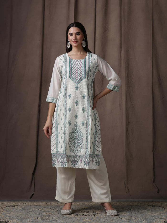 Women Chanderi Off-white Green Embroidered Kurta Comfort Pant Dupatta.
